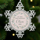 赤面ピンクフローラフレームベビーの初めてのクリスマス スノーフレークピューターオーナメント