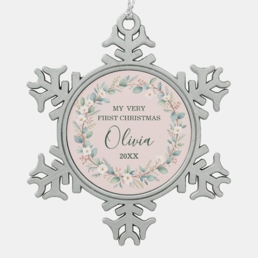 赤面ピンクフローラフレームベビーの初めてのクリスマス スノーフレークピューターオーナメント (正面)