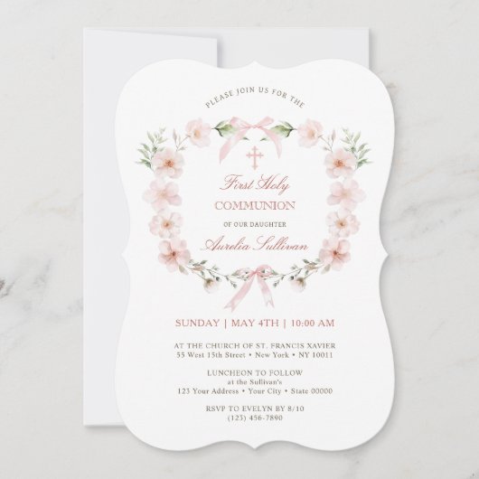 赤面ピンクフローラフレーム最初の聖餐式 招待状 (正面)