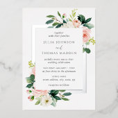 赤面ピンクフローラフレ結婚ーム 箔招待状 (正面)