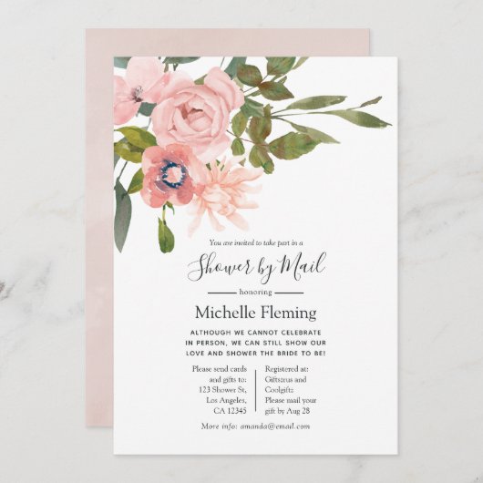 赤面ピンクフローラブライダルまたはベビーシャワー（郵便） 招待状 (正面/裏面)
