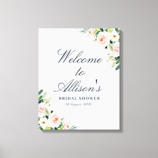 赤面ピンクフローラブライダルシャワーウェルカムサイン キャンバスプリント (正面)