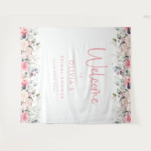 赤面ピンクフローラブライダルシャワーウェルカムバックドロップ タペストリー (正面(横))
