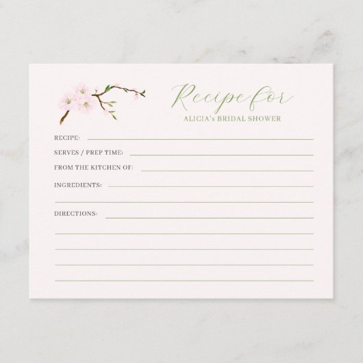 赤面ピンクフローラブライダルシャワーレシピ エンクロージャーカード (正面)