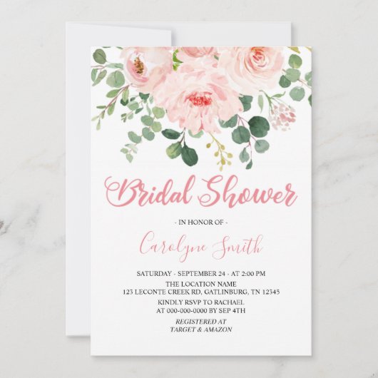 赤面ピンクフローラブライダルシャワー招待状テンプレート 招待状 (正面)