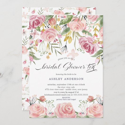 赤面ピンクフローラブライダルシャワー茶 招待状 (正面/裏面)