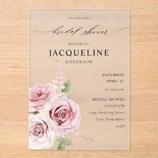 赤面ピンクフローラブライダルシャワー アクリル招待状 (正面)