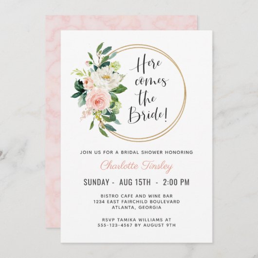 赤面ピンクフローラブライダルシャワー 招待状 (正面/裏面)