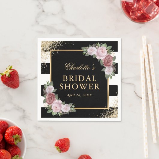 赤面ピンクフローラブラックおよび金ゴールドブライダルシャワー スタンダードカクテルナプキン (インサイチュ)