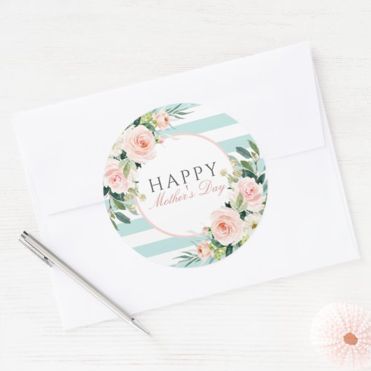 赤面ピンクフローラブルーストライプズのお母さんの日 ラウンドシール (封筒)