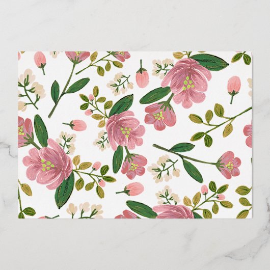 赤面ピンクフローラブーケと金ゴールド保存日 箔招待状 (裏面)