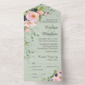 赤面ピンクフローラブーケオンセージグリーン結婚ズ オールインワン招待状 (内側)