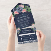 赤面ピンクフローラブーケレースネイビーブルー結婚ズ オールインワン招待状 (貼ってはがせる)