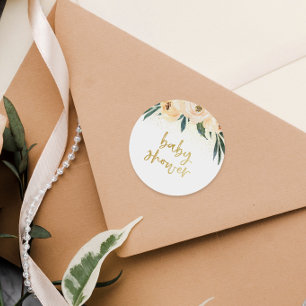 赤面ピンクフローラブーケ金ゴールドスクリプトベビーシャワー ラウンドシール