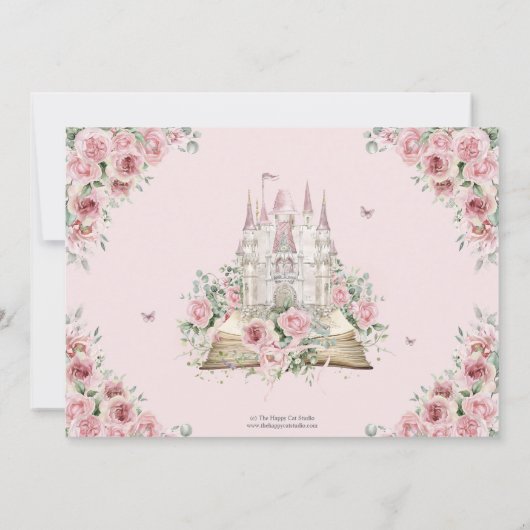 赤面ピンクフローラプリンセスキャッスルストーリーブックフォト 招待状 (裏面)