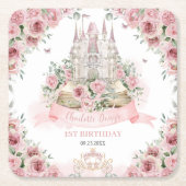 赤面ピンクフローラプリンセスキャッスルストーリーブックブック スクエアペーパーコースター (正面)