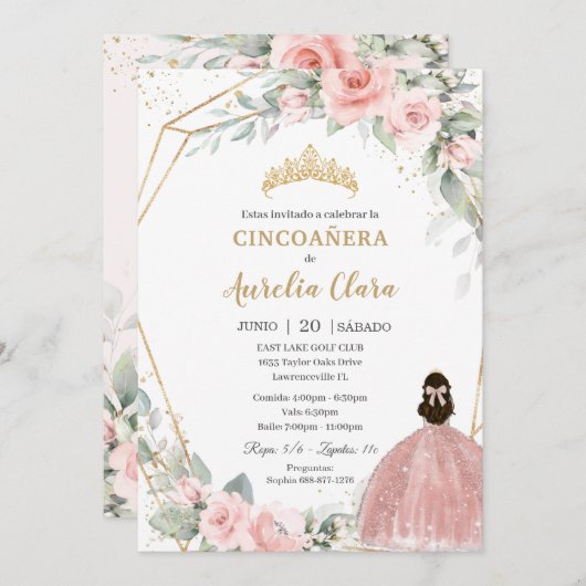 赤面ピンクフローラプリンセスシンコエーネラ5誕生日 招待状 (正面/裏面)