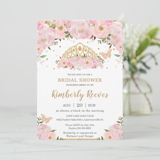 赤面ピンクフローラプリンセスティアラブライダルシャワー 招待状 (スタンド正面)