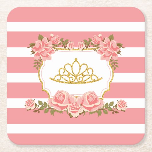 赤面ピンクフローラプリンセステーマパーティー スクエアペーパーコースター (正面)
