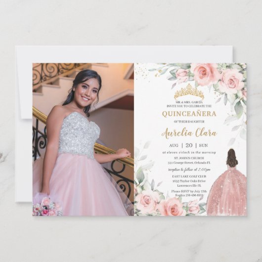 赤面ピンクフローラプリンセスバラ金ゴールドキンセアニラ 招待状 (正面)