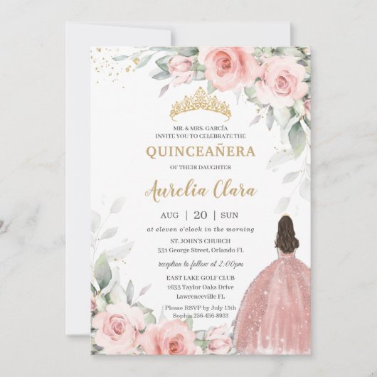 赤面ピンクフローラプリンセスバラ金ゴールドキンセアニラ 招待状 (正面)