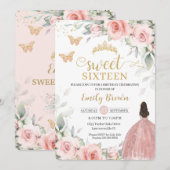 赤面ピンクフローラプリンセスバラ金ゴールドSweet sixteen 招待状 (正面/裏面)
