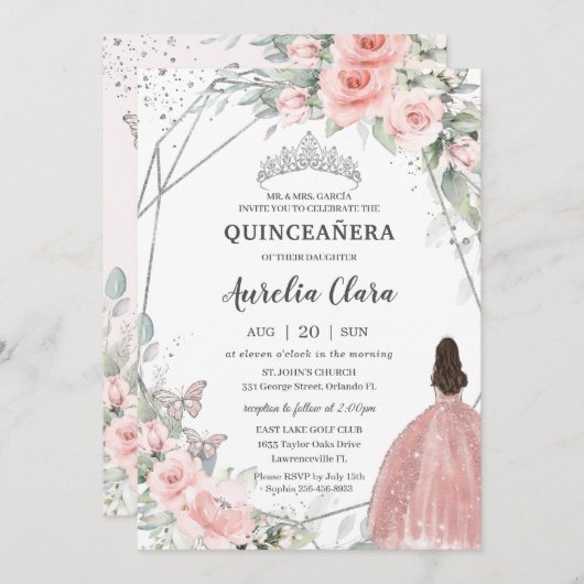 赤面ピンクフローラプリンセス蝶キンセアニラ 招待状 (正面/裏面)