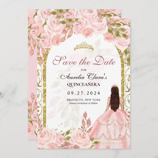 赤面ピンクフローラプリンセス金ゴールドアーチキンセアニェラ 案内状 (正面/裏面)