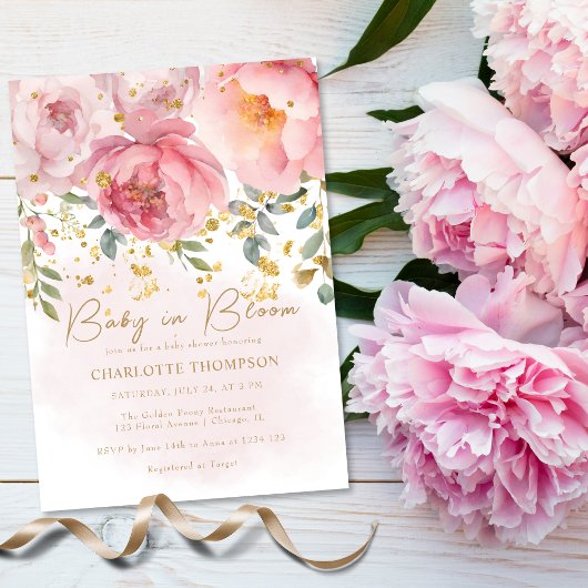 赤面ピンクフローラベビーイン開花ベビーシャワー 招待状