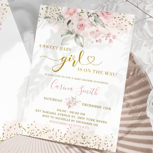 赤面ピンクフローラベビーオンザウェイベビーシャワー 招待状