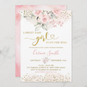 赤面ピンクフローラベビーオンザウェイベビーシャワー 招待状 (正面/裏面)