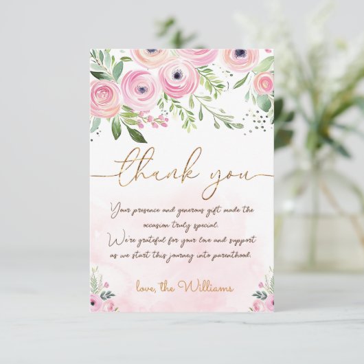赤面ピンクフローラベビーガールシャワー サンキューカード (スタンド正面)