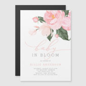 赤面ピンクフローラベビーガール開花シャワー マグネット招待状 (正面/裏面)