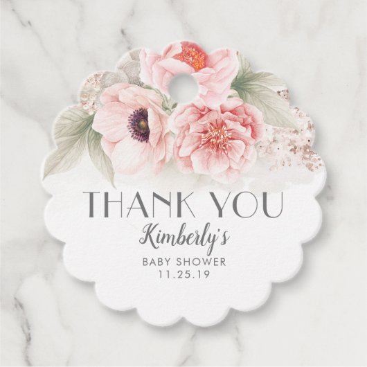 赤面ピンクフローラベビーシャワーありがとう フェイバータグ (正面)