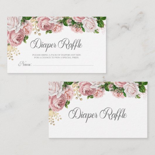 赤面ピンクフローラベビーシャワーおむつラッフル エンクロージャーカード (正面/裏面)