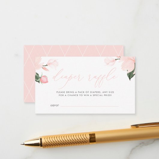赤面ピンクフローラベビーシャワーおむつラッフル エンクロージャーカード (正面/裏面インサイチュ)