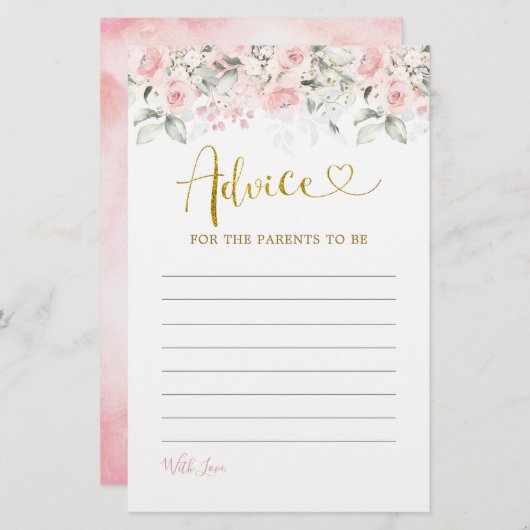 赤面ピンクフローラベビーシャワーアドバイスカード (正面/裏面)