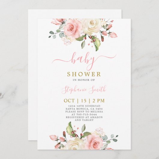 赤面ピンクフローラベビーシャワーガール招待状 招待状 (正面/裏面)