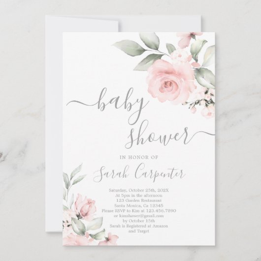 赤面ピンクフローラベビーシャワーガール招待状 招待状 (正面)