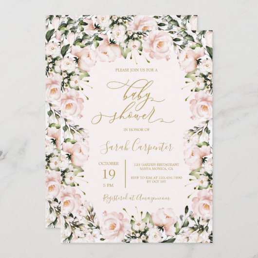 赤面ピンクフローラベビーシャワーガール 招待状 (正面/裏面)