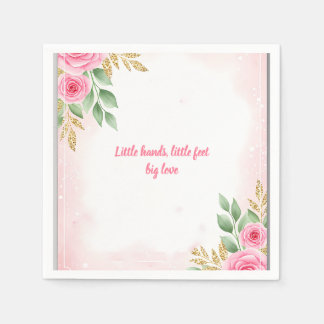 赤面ピンクフローラベビーシャワーバラと金ゴールド スタンダードカクテルナプキン