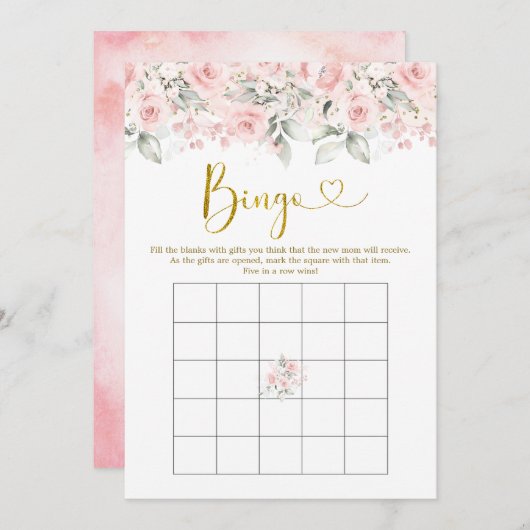赤面ピンクフローラベビーシャワーベビービンゴゲーム 招待状 (正面/裏面)
