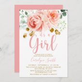 赤面ピンクフローラベビーシャワー招待状ガール 招待状 (正面/裏面)