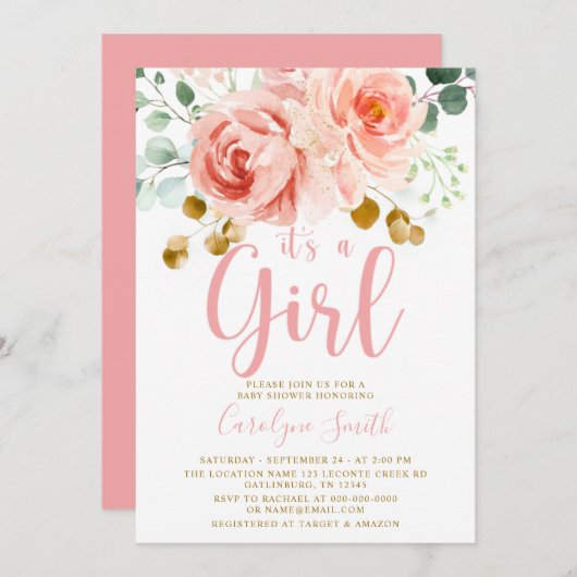 赤面ピンクフローラベビーシャワー招待状ガール 招待状 (正面/裏面)