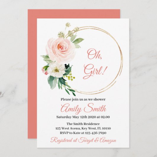 赤面ピンクフローラベビーシャワー招待状 招待状 (正面/裏面)