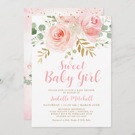 赤面ピンクフローラベビーシャワー招待状 招待状 (正面/裏面)