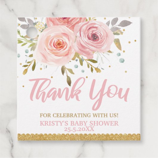 赤面ピンクフローラベビーシャワー誕生日ありがとう フェイバータグ (正面)