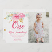 赤面ピンクフローラベビー初の誕生日写真 招待状 (正面/裏面)
