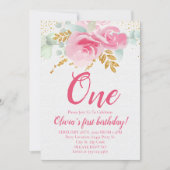 赤面ピンクフローラベビー初誕生日 招待状 (正面)