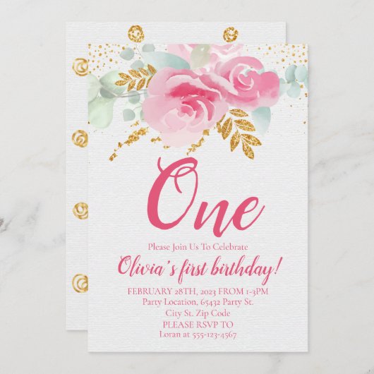 赤面ピンクフローラベビー初誕生日 招待状 (正面/裏面)